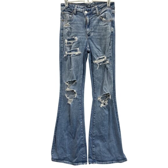 American Eagle Flare Jeans Womens 6 Super High Rise Light Wash Ripped Distressed - Picture 1 of 6